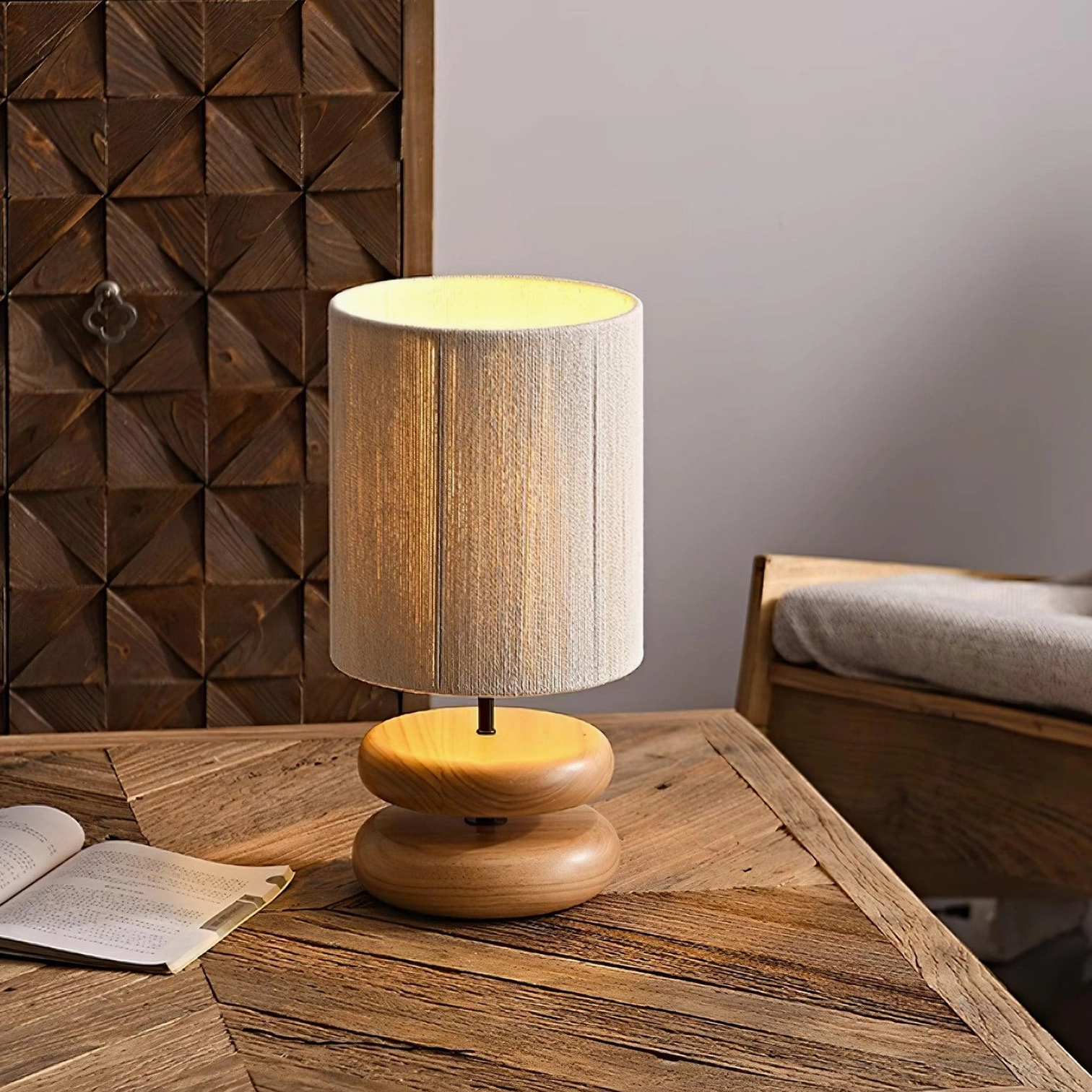 Wooden table lamp with fabric shade in scandinavian minimalist interior design