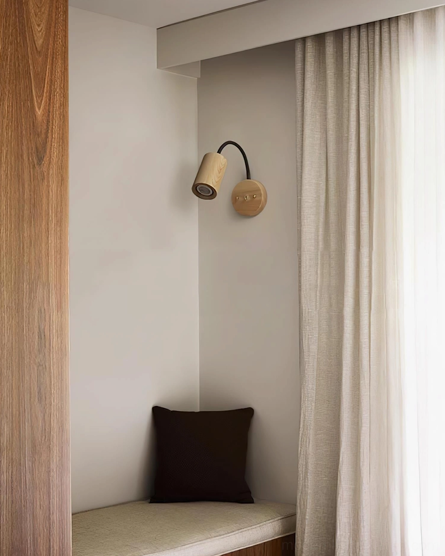 Scandinavian wooden wall sconce in natural finish, minimalist design aesthetic showcase