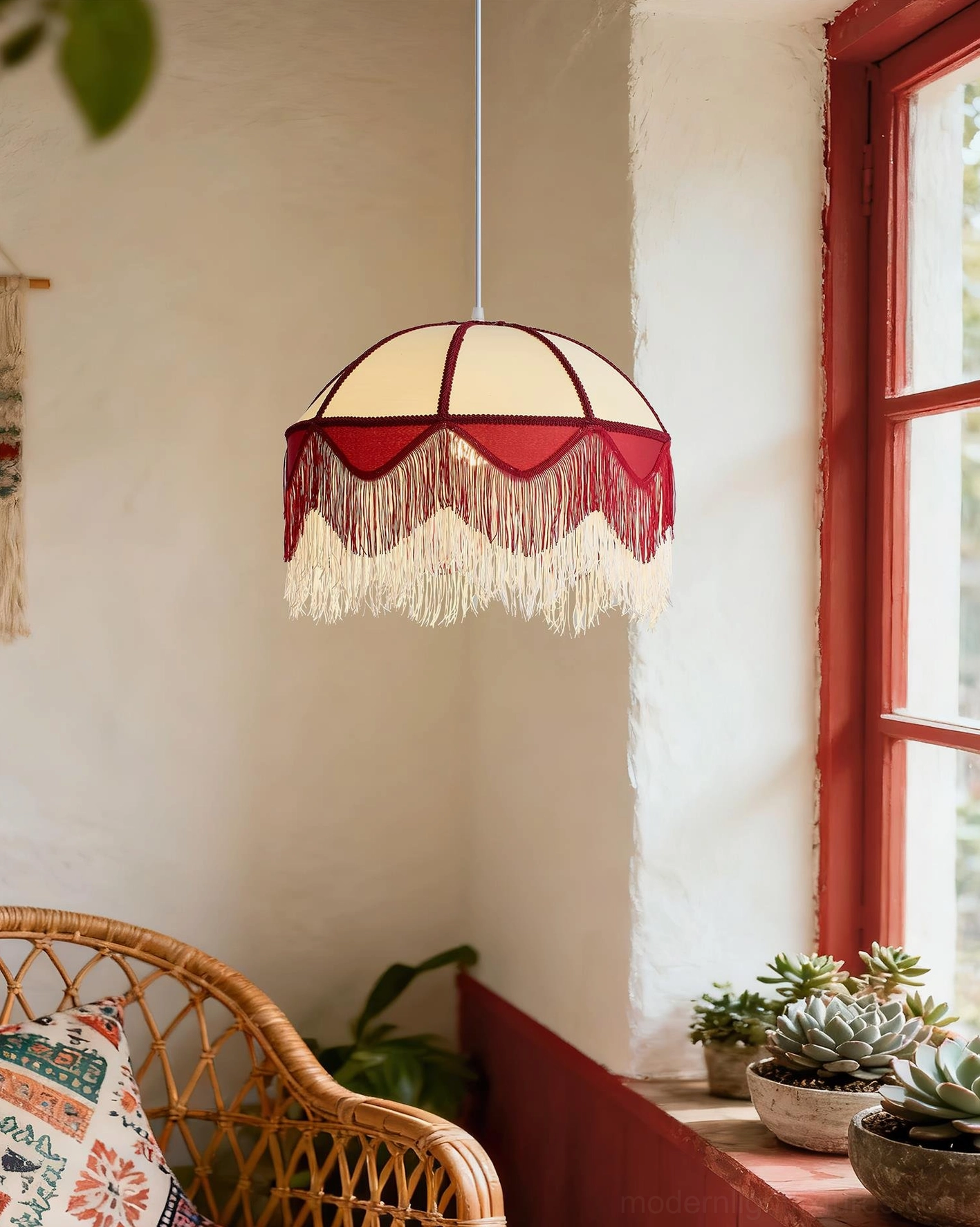 Bohemian Fringe Pendant Light installed in cozy residential room with red window frame and rattan accents