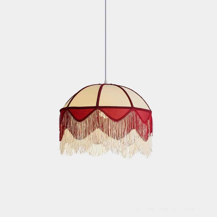 Scarlet Fringe Pendant Light with half-dome fabric shade and scalloped tassel fringe front view