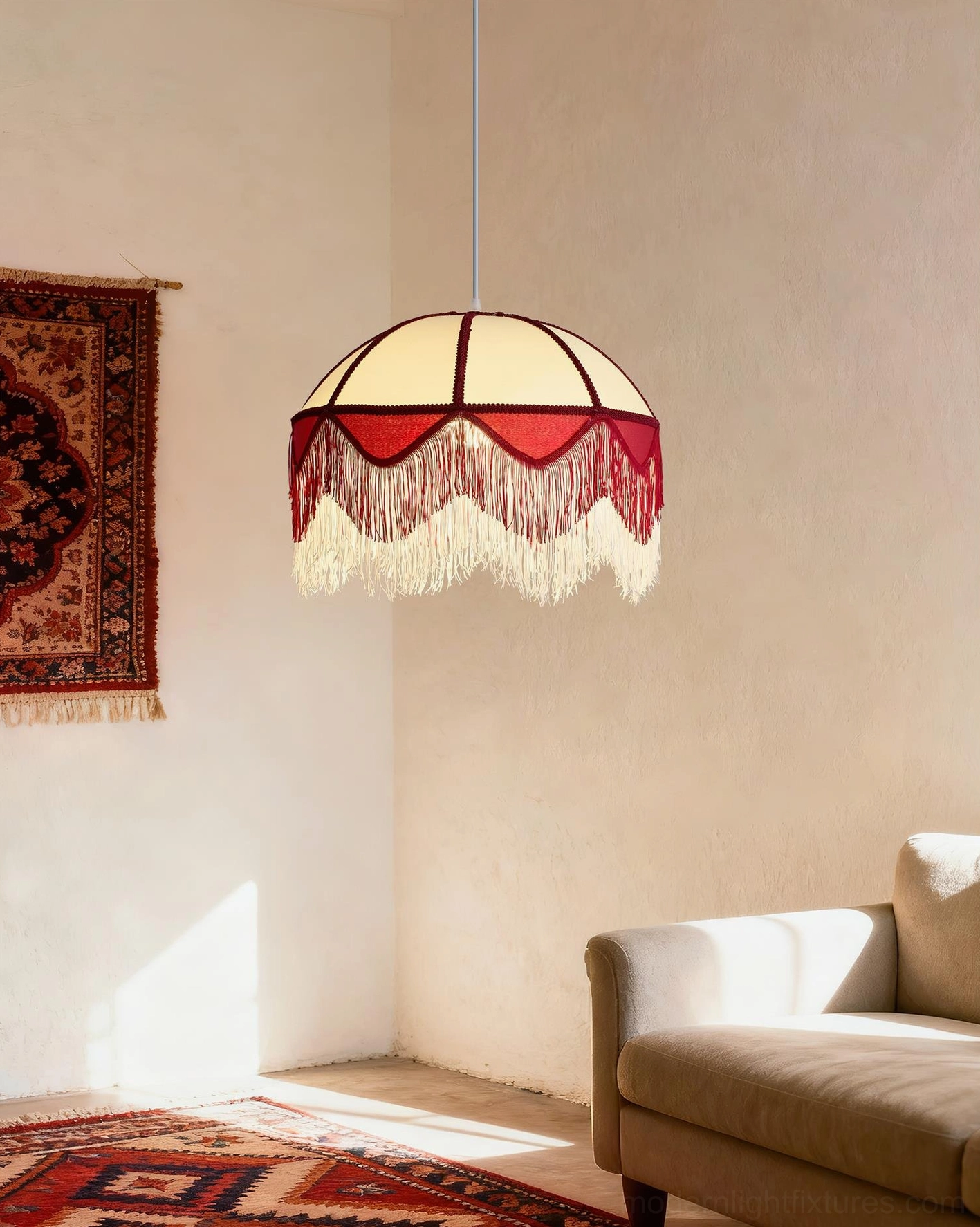 Vintage Fringe Pendant Light in bohemian living room with wall tapestry, patterned rug and warm lighting