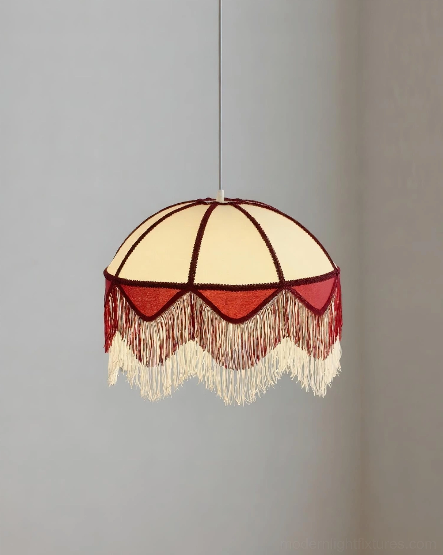 Scarlet Fringe Pendant Lamp product shot on neutral background showing cream and burgundy fabric dome