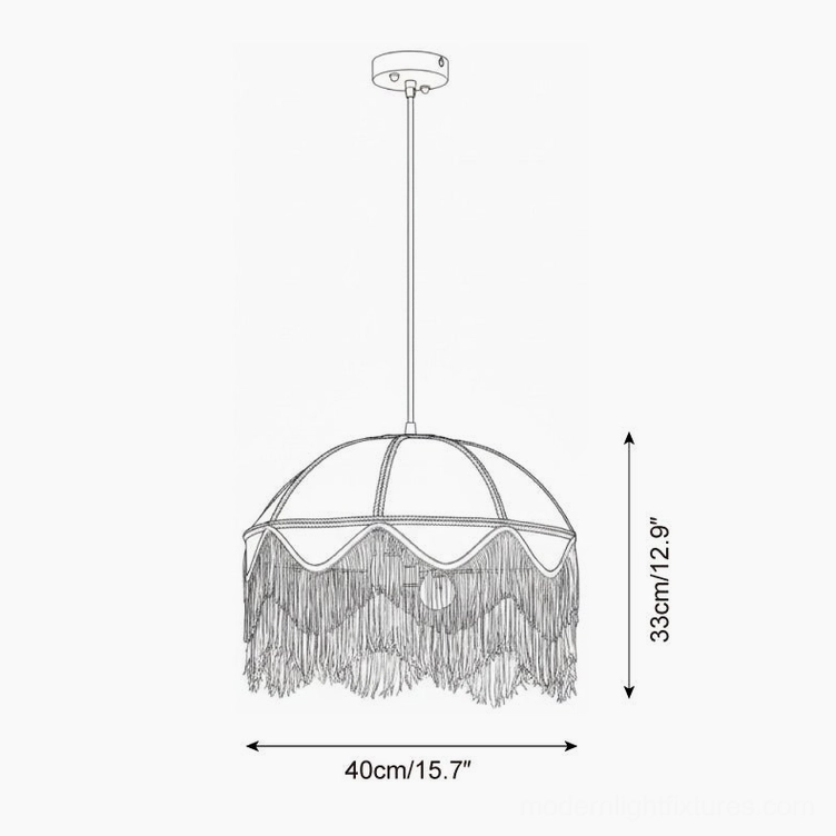 Technical line drawing with dimensions of Scarlet Fringe Pendant Light showing 40cm diameter and 33cm height