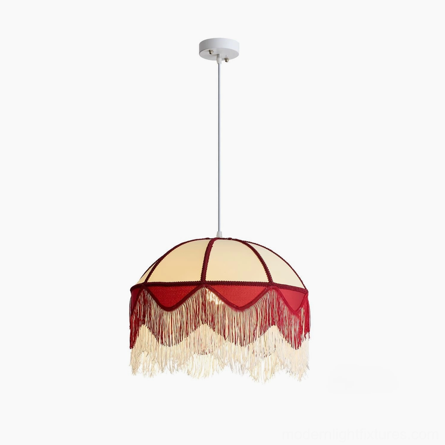 Scarlet Red and White Fringe Pendant Light with tassel trim and dome shade in bohemian style