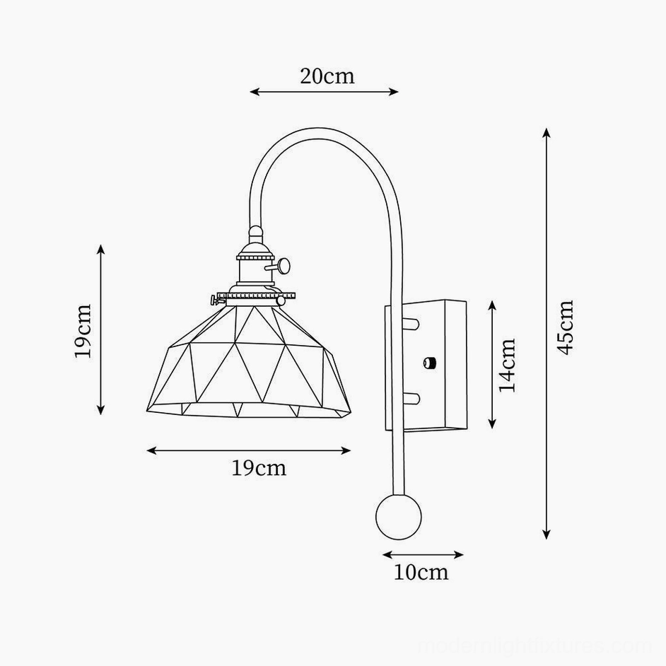 Technical dimension drawing for geometric conical shade wall lamp sconce 45cm height