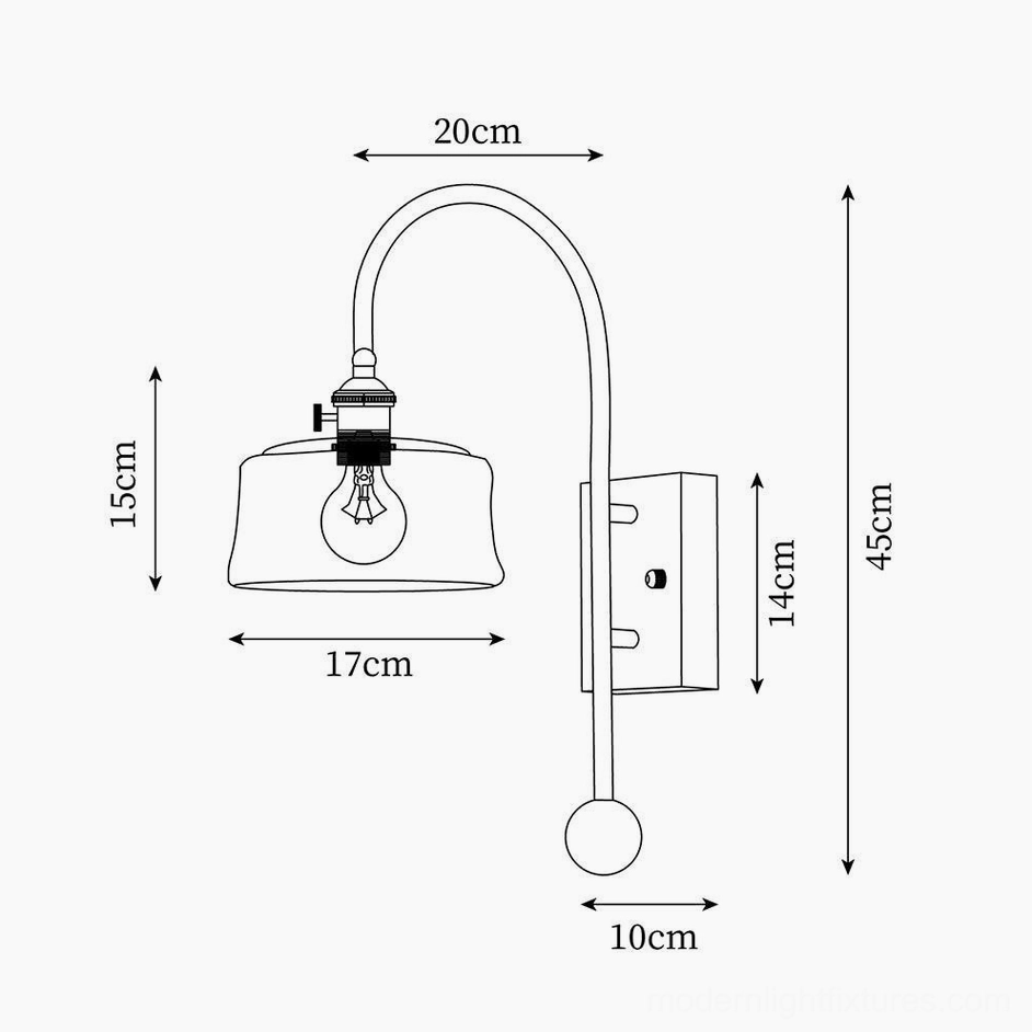Technical dimension blueprint for flat dome glass shade wall lamp 45cm total height