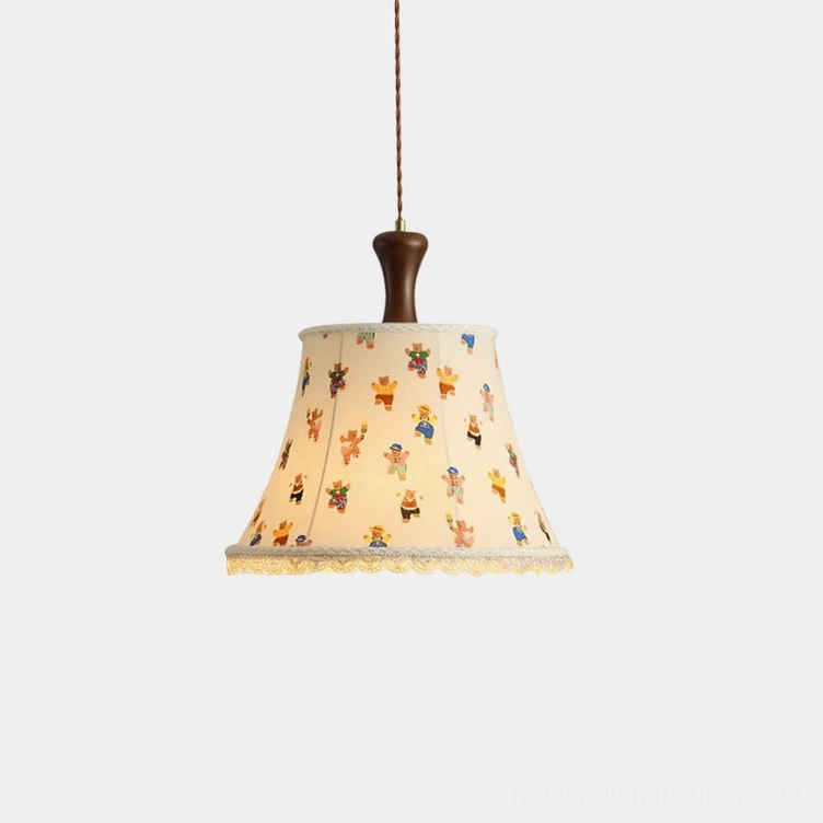 Scotia fabric pendant light with hand-drawn bear print design and walnut wood accent, front view