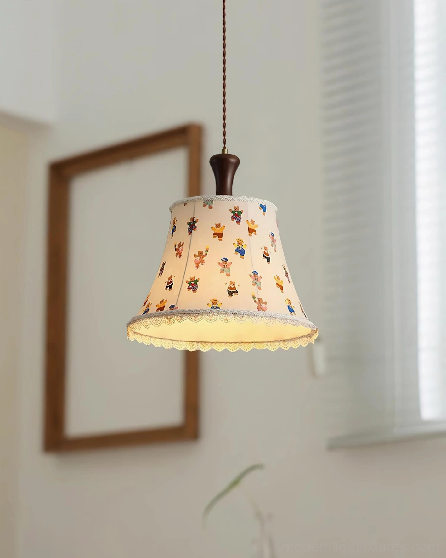 Scotia artisanal fabric pendant light with bear illustration in cottagecore-style interior with window blinds