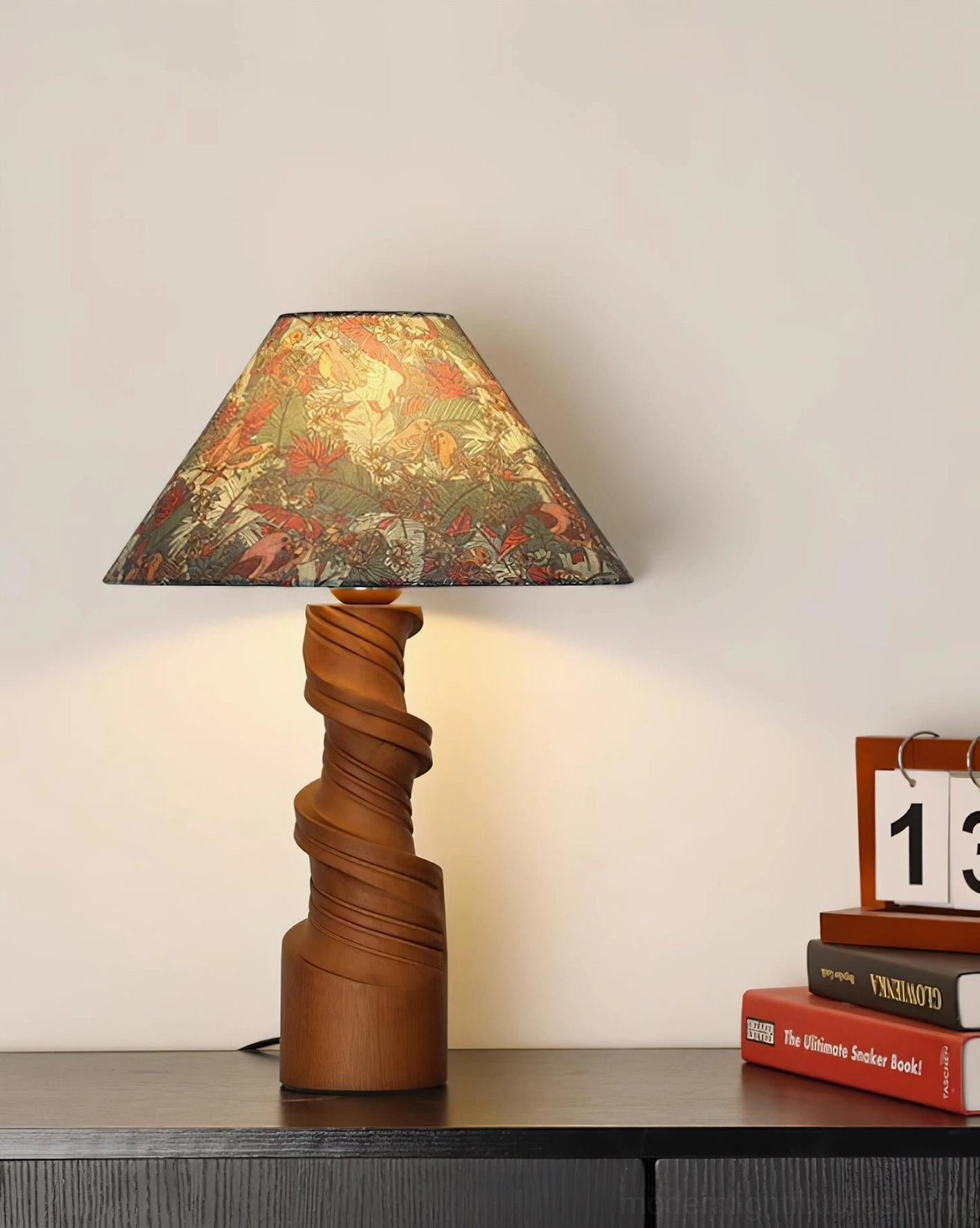 Scrollroot sculptural table lamp full product view showing twisted wood base and fabric shade profile