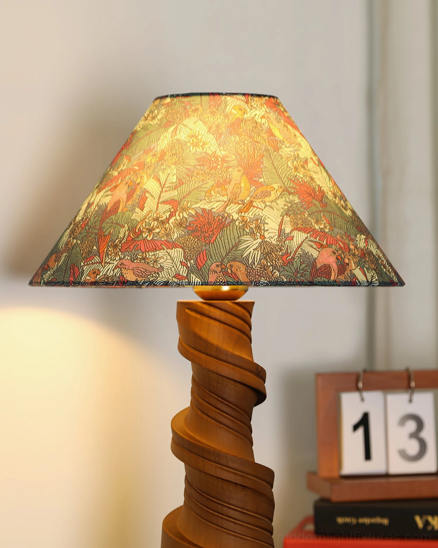 Scrollroot table lamp walnut finish base with fabric shade detail showing craftsmanship and material quality