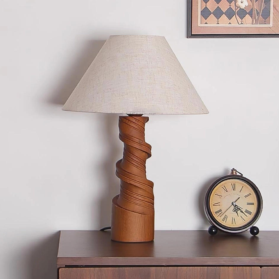 Scrollroot table lamp white color variant with walnut and white shade combination on display table