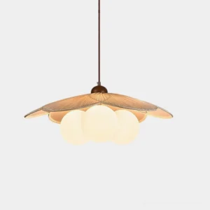 Sculpted Blossom woven pendant light with three glass globe bulbs on white studio background - modern floral design lighting fixture