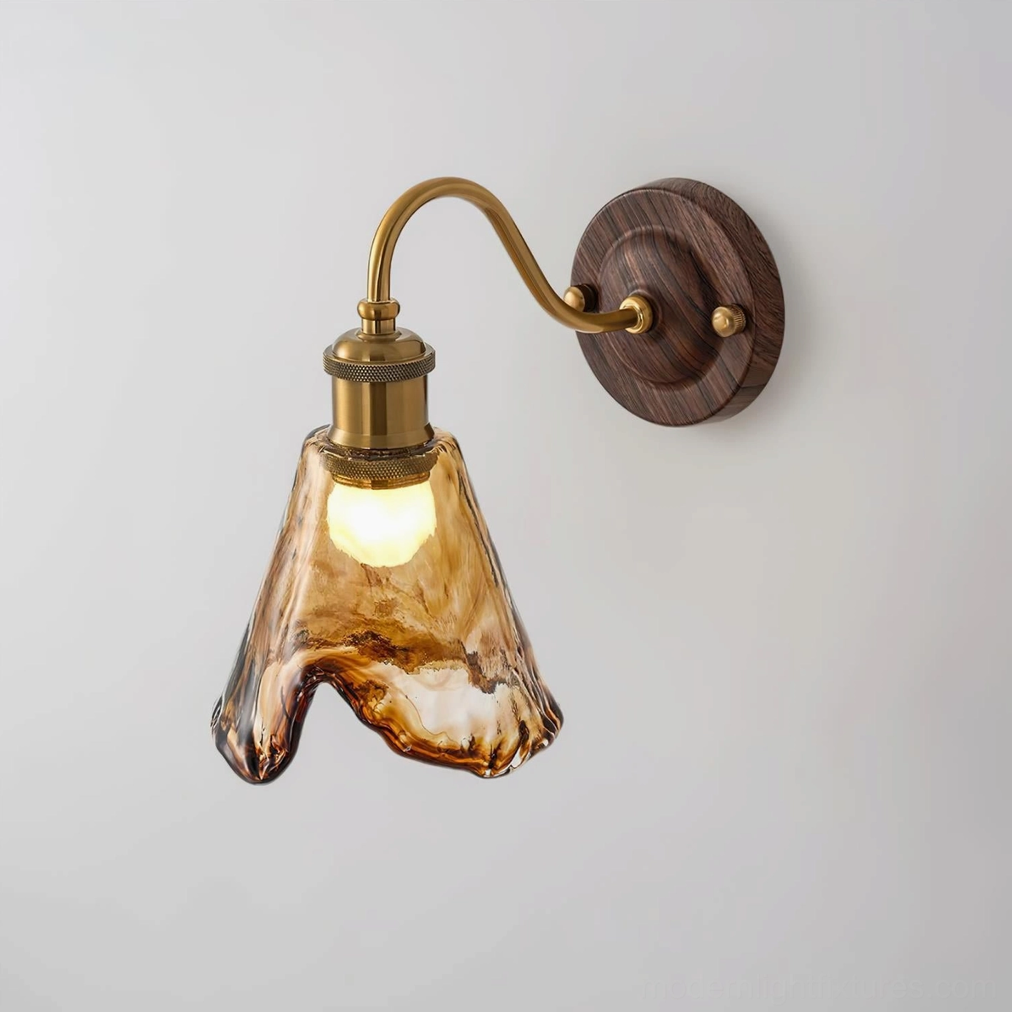 Artistic amber wall sconce photograph highlighting sculptural glass shade against interior wall