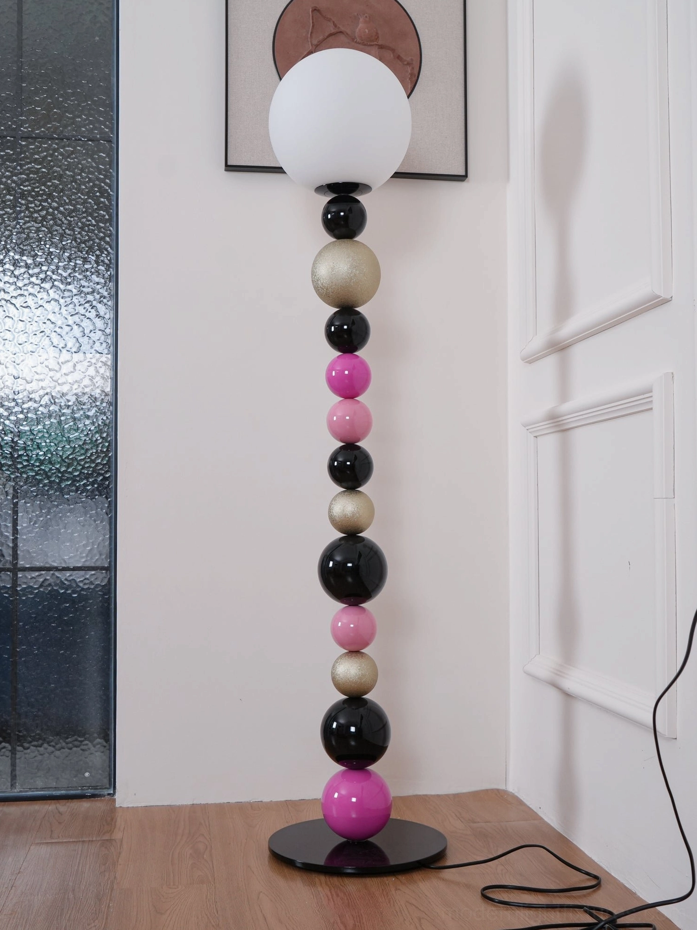 Multi-sphere floor lamp artistic lighting design showing color combinations and sculptural form