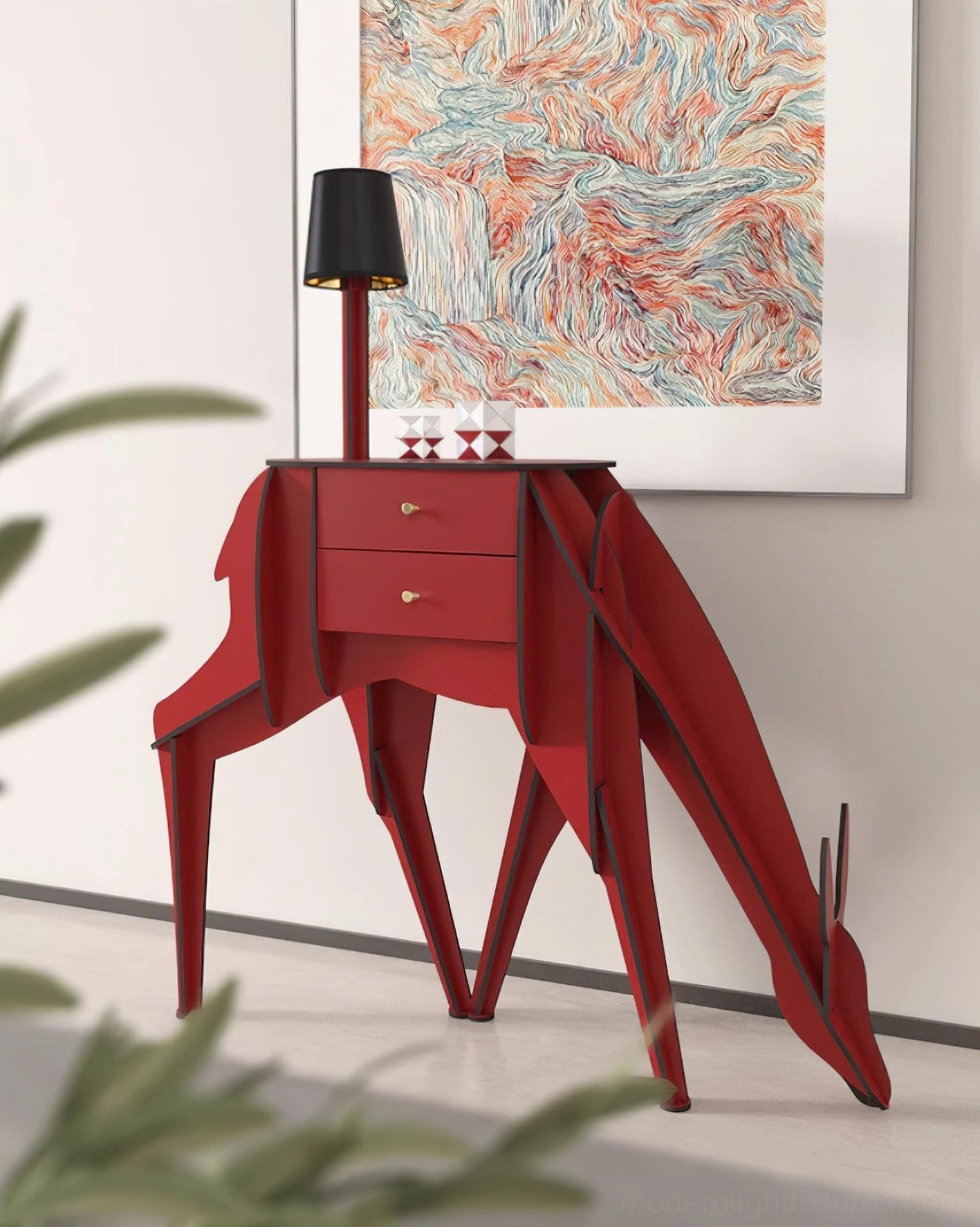 Contemporary deer silhouette floor lamp, sculptural modern design combining artistry with functional storage drawers