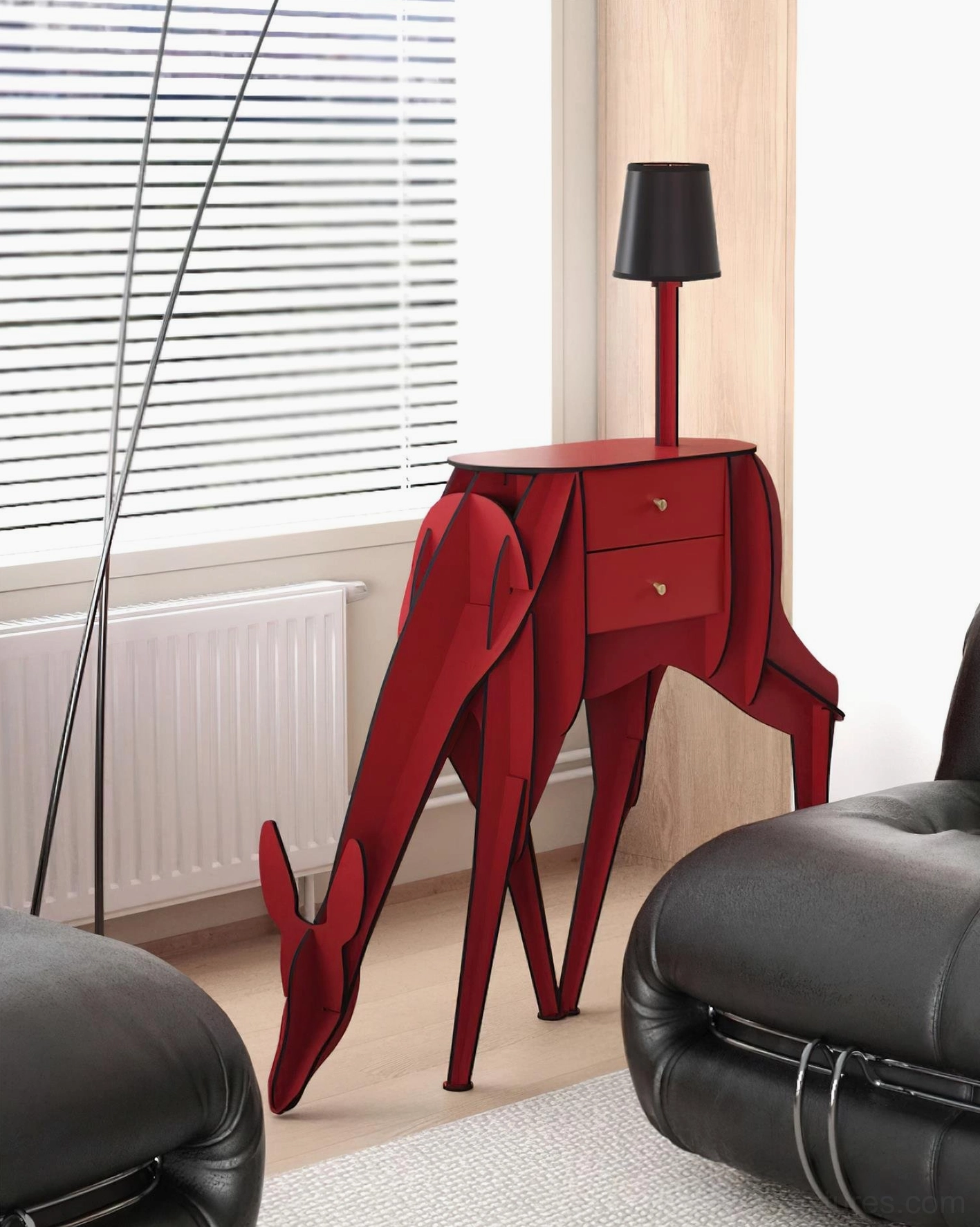 Modern deer-shaped floor lamp with integrated LED and brass drawer pulls, matte finish sculptural design