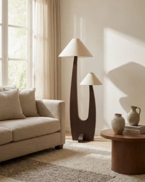 Organic modern dual-shade floor lamp in contemporary living room with natural light and minimalist decor