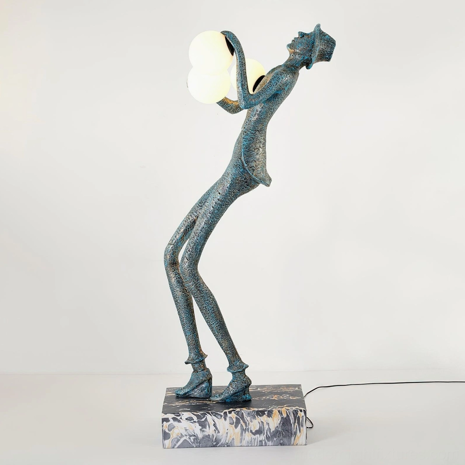 Black textured humanoid sculptural floor lamp with frosted glass orbs base and silhouette detail