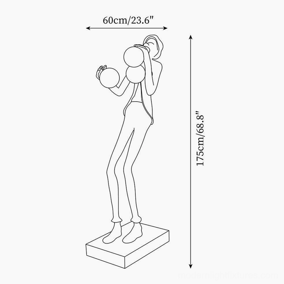 Technical orthographic dimension drawing of humanoid sculptural floor lamp showing height 175cm and width 60cm specifications
