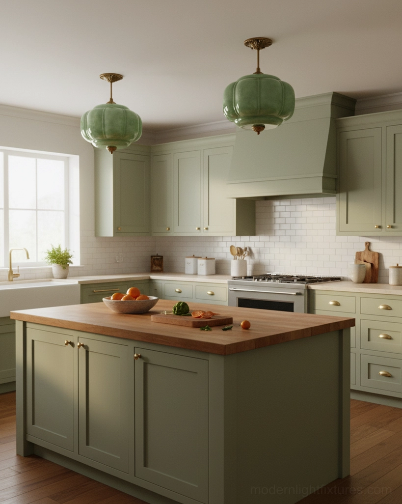 Sculptural jade glass ceiling light fixture in farmhouse kitchen design