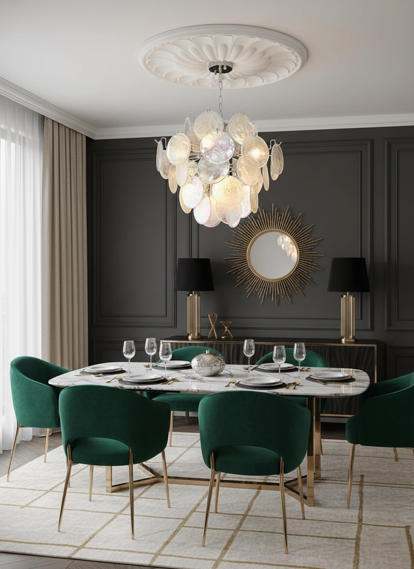 Front view of sculptural glass disc modern chandelier with polished chrome hardware