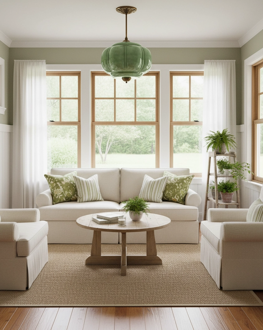 Sculptural glass pendant ceiling light in bright farmhouse living room