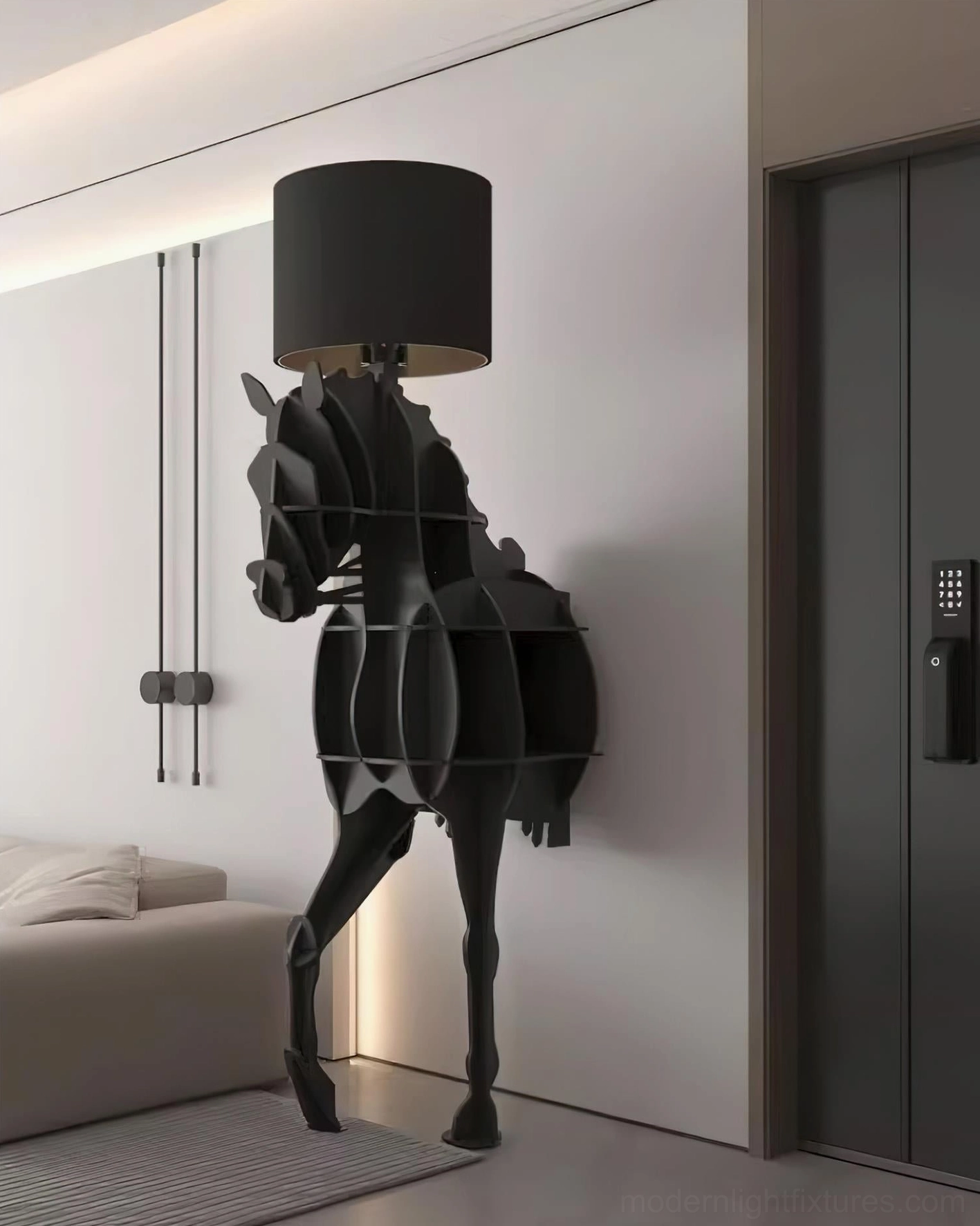 Sculptural horse-shaped floor lamp with black matte finish - artistic contemporary lighting
