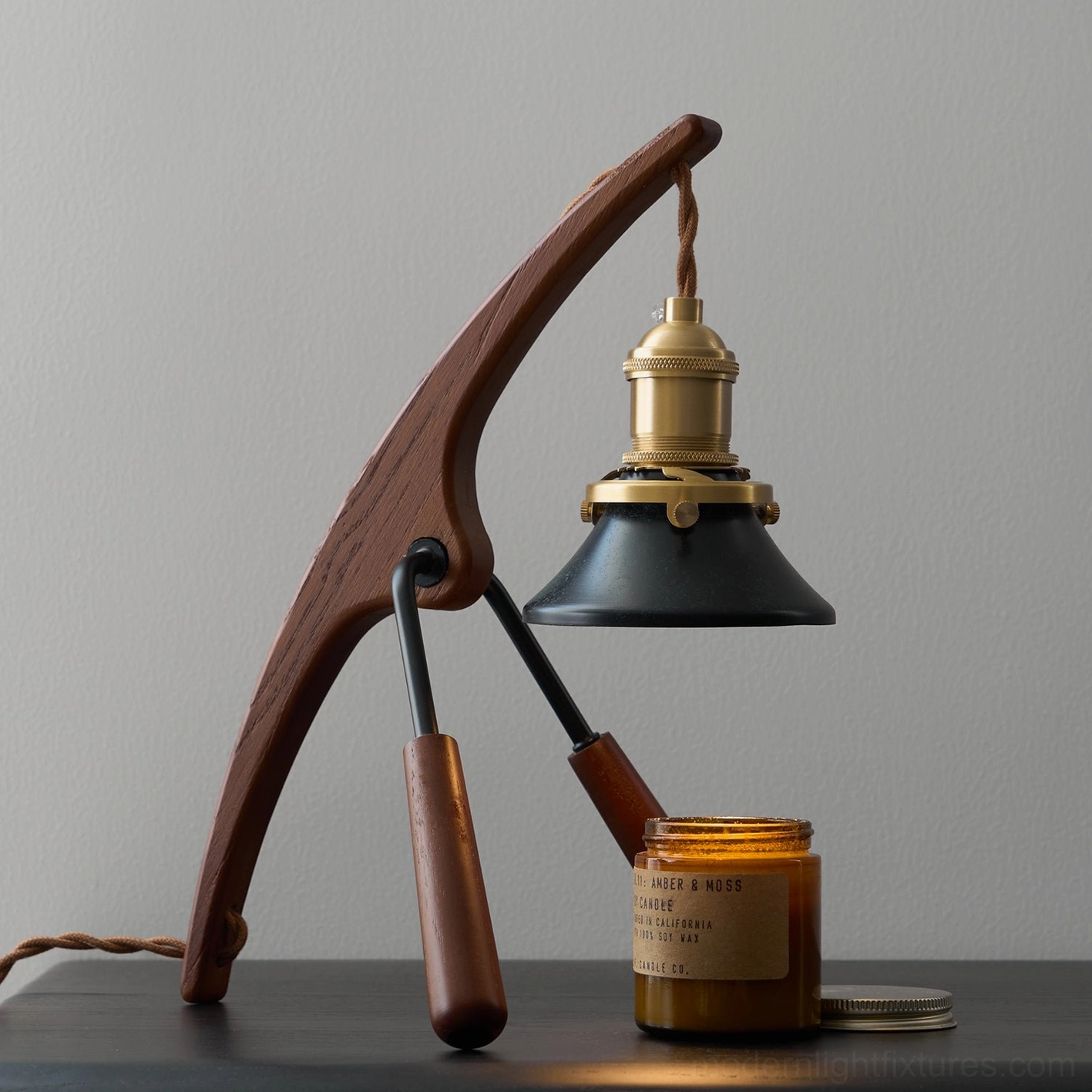 Sculptural praying mantis table lamp, scented candle warming, bedroom nightstand decor styling