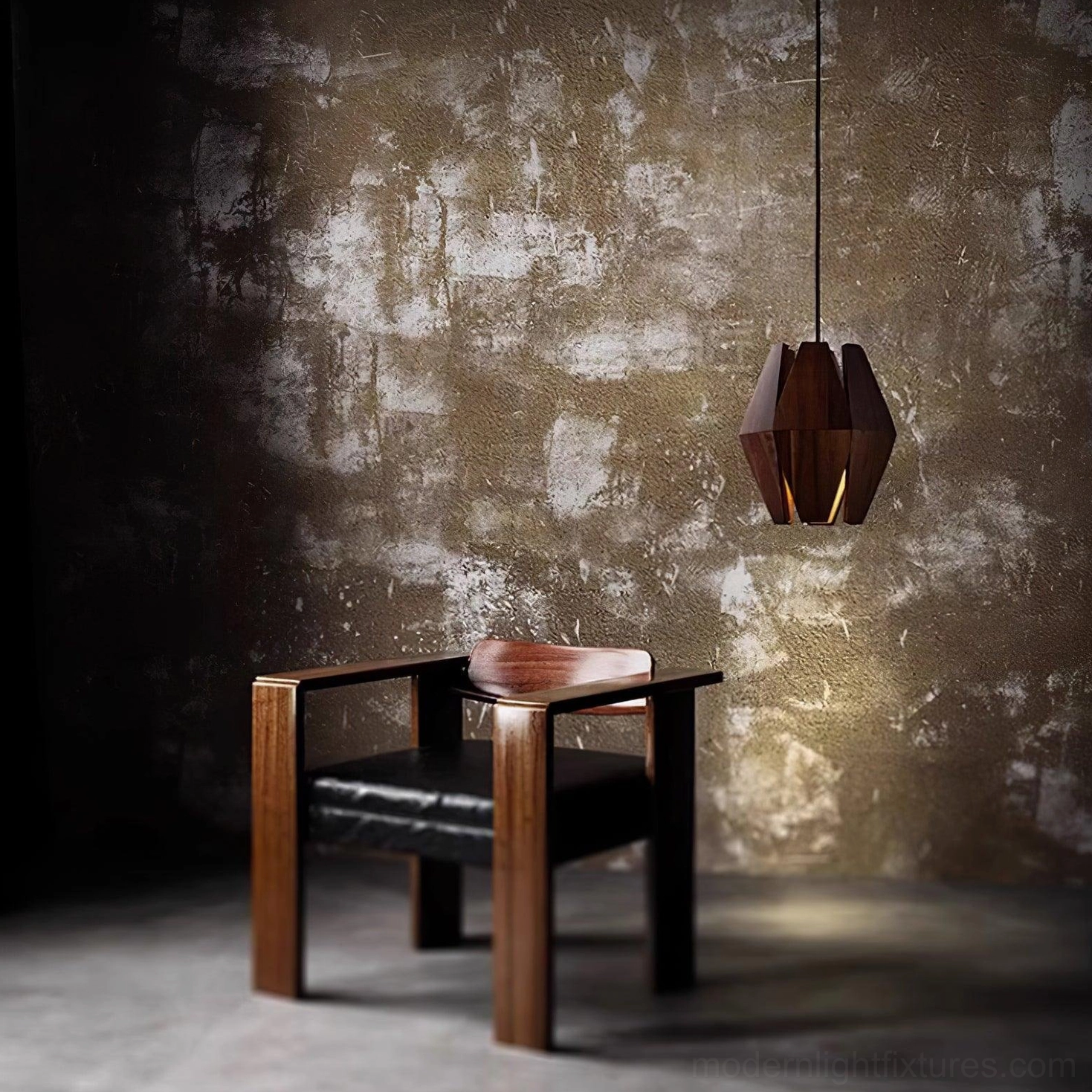 Sculptural pendant lamp with geometric wooden facets creating dynamic lighting effects
