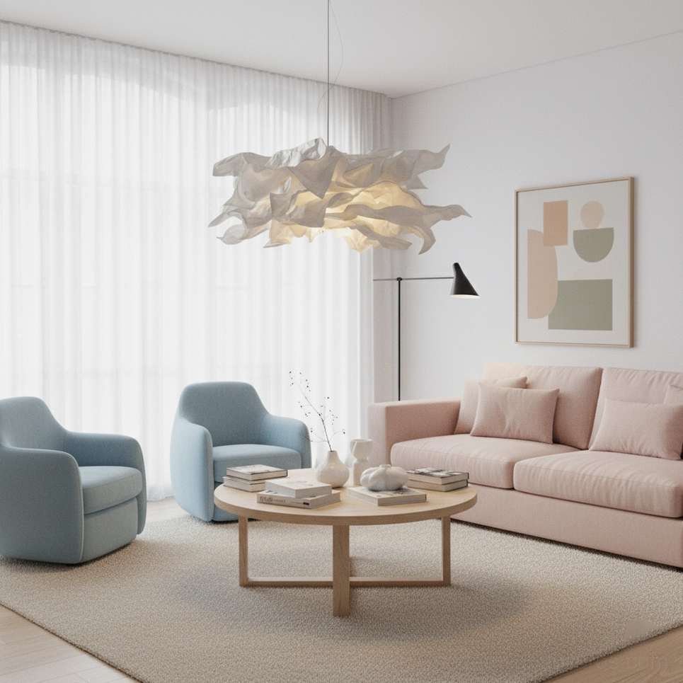 Contemporary sculptural paper pendant lamp illuminating minimalist Nordic living room interior