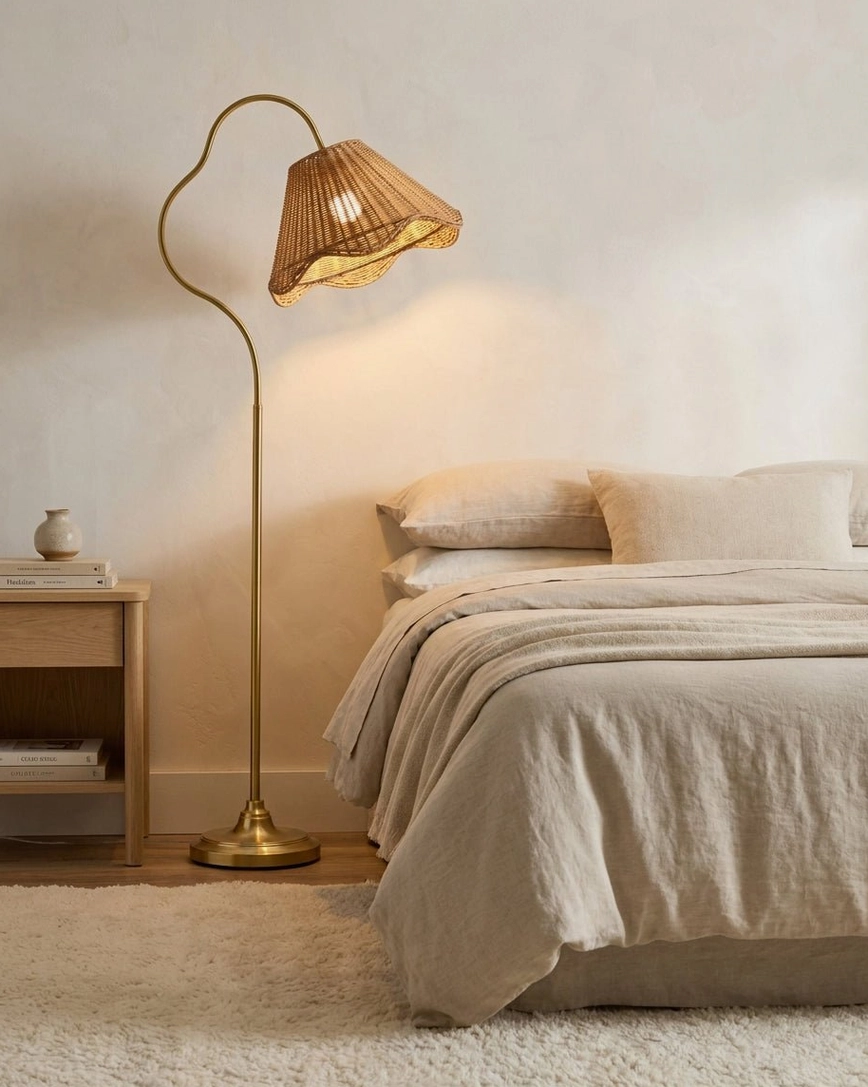 Scalloped rattan shade floor lamp providing warm ambient lighting in neutral bedroom beside bed and nightstand
