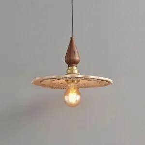 Botanical-inspired pendant light with tapered wood top and brass hardware, three-quarter angle design view