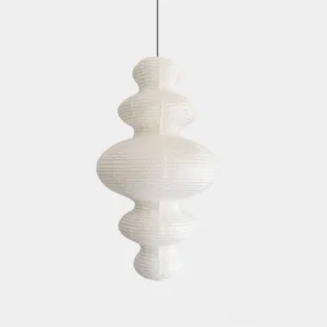 White sculptural hand-crafted rice paper pendant lamp with bamboo silk frame, front studio view on neutral background