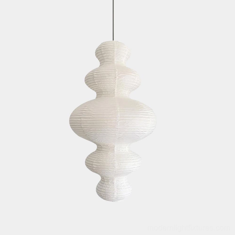 White sculptural hand-crafted rice paper pendant lamp with bamboo silk frame, front studio view on neutral background