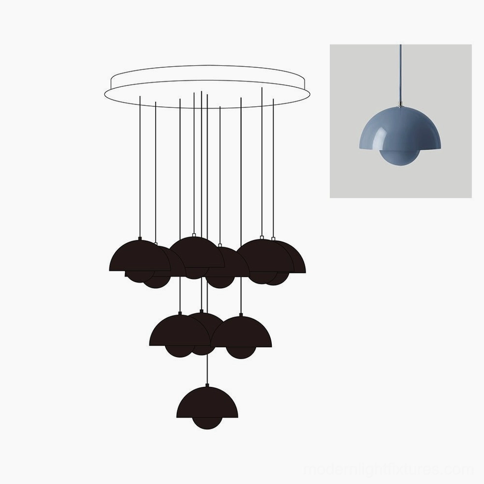 Contemporary pendant chandelier showing sculptural arrangement of suspended dome elements