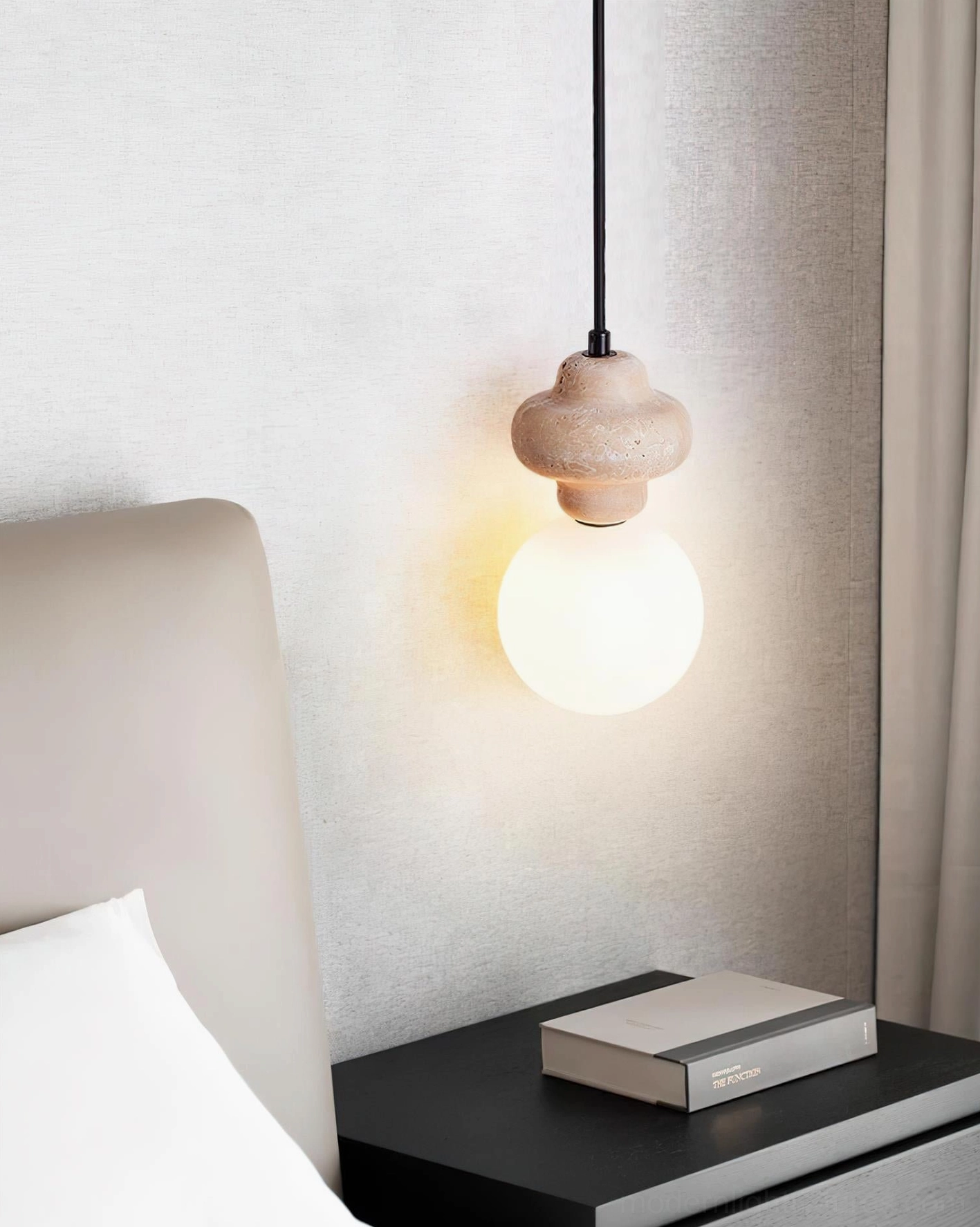 Cenari modern sculptural pendant light detail view showing hand-crafted travertine stone and premium glass construction
