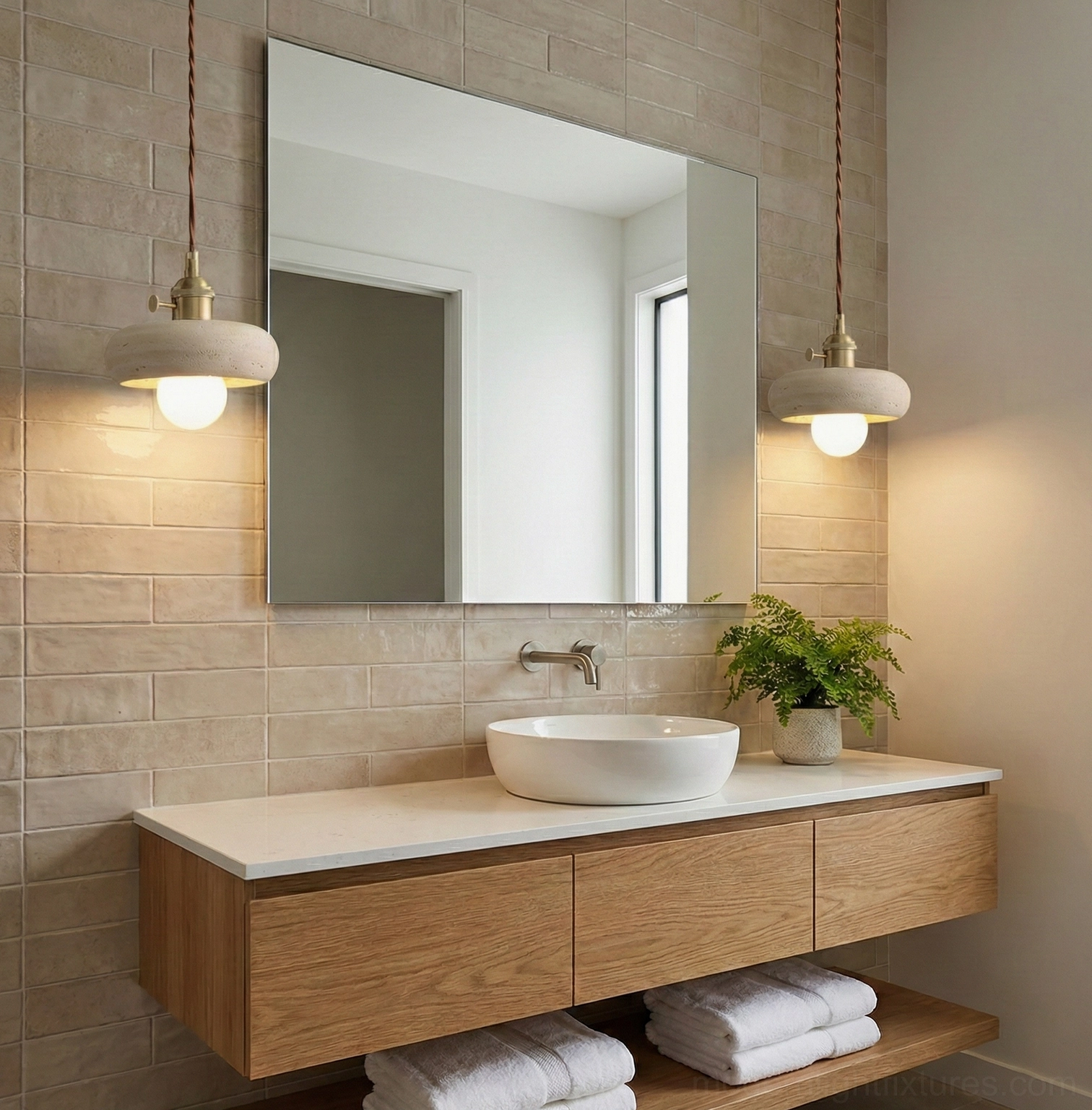 Sculptural travertine loop pendant light in neutral interior design setting