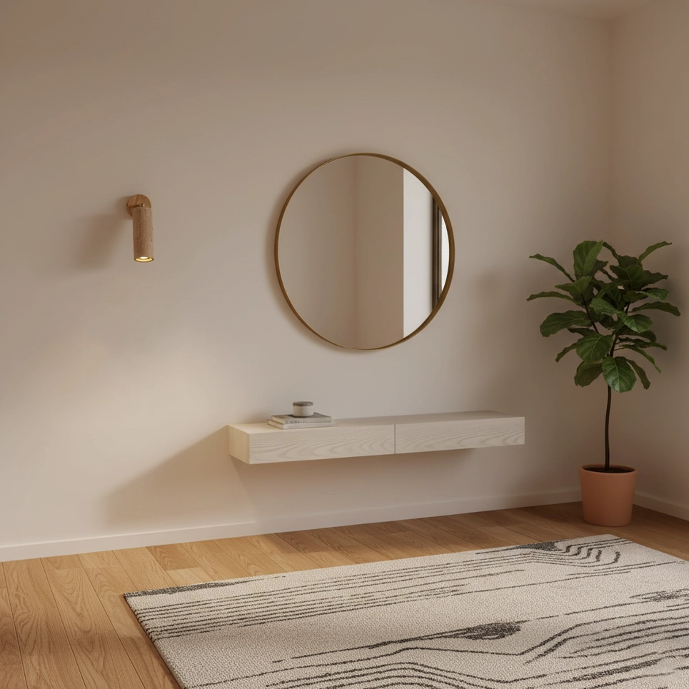 Mireille travertine wall sconce installed as focal lighting fixture with sculptural design and warm illumination