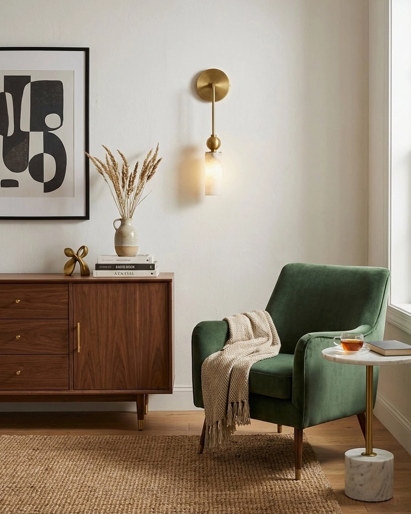 Minimalist alabaster wall sconce in contemporary lounge with green velvet seating and wooden sideboard - sculptural brass lighting design