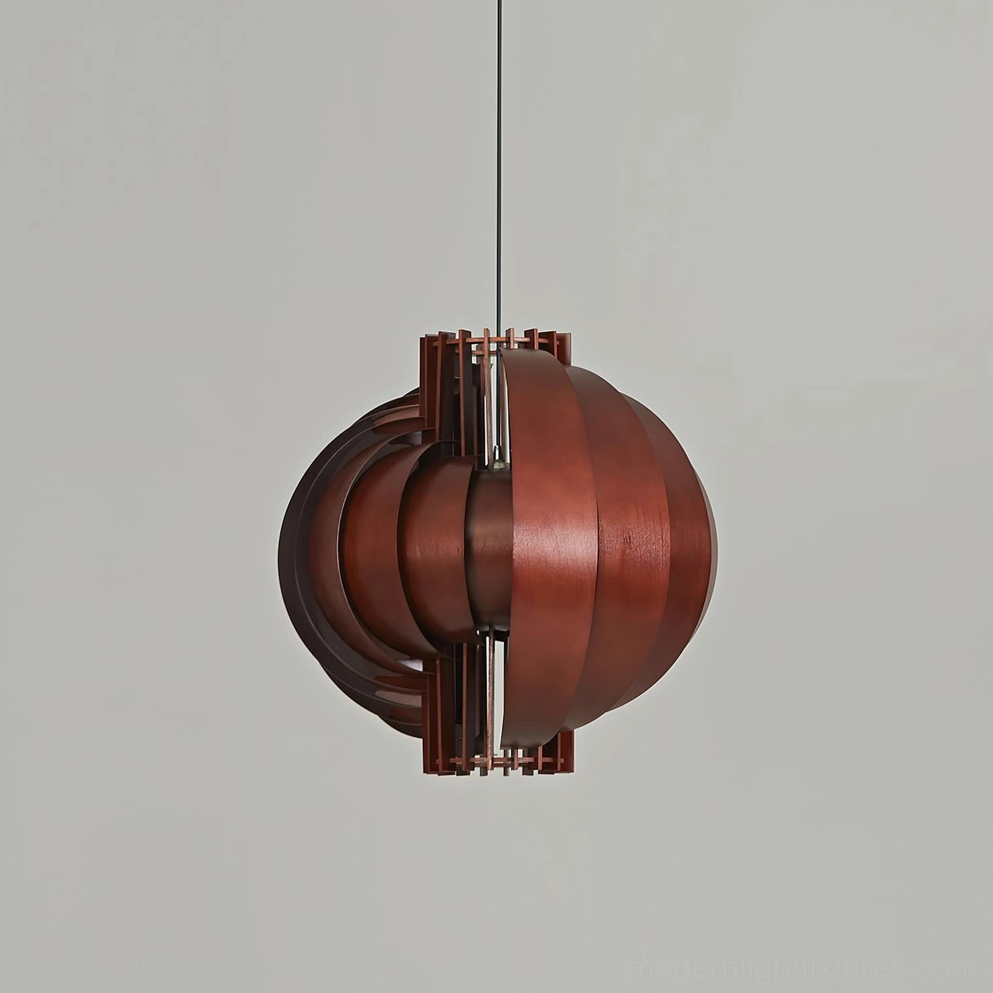 Full view of sculptural walnut wood pendant fixture demonstrating complete spherical interlaced wood construction