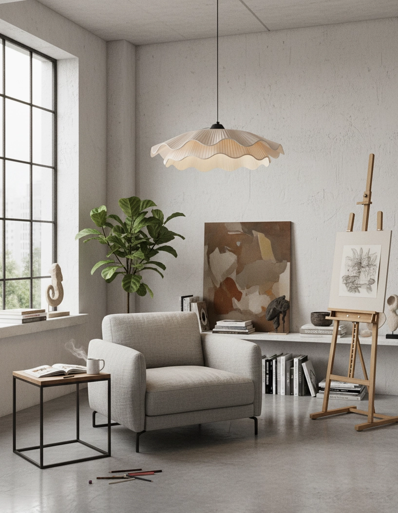 Artistic pleated pendant light casting soft shadows in cozy modern living room interior