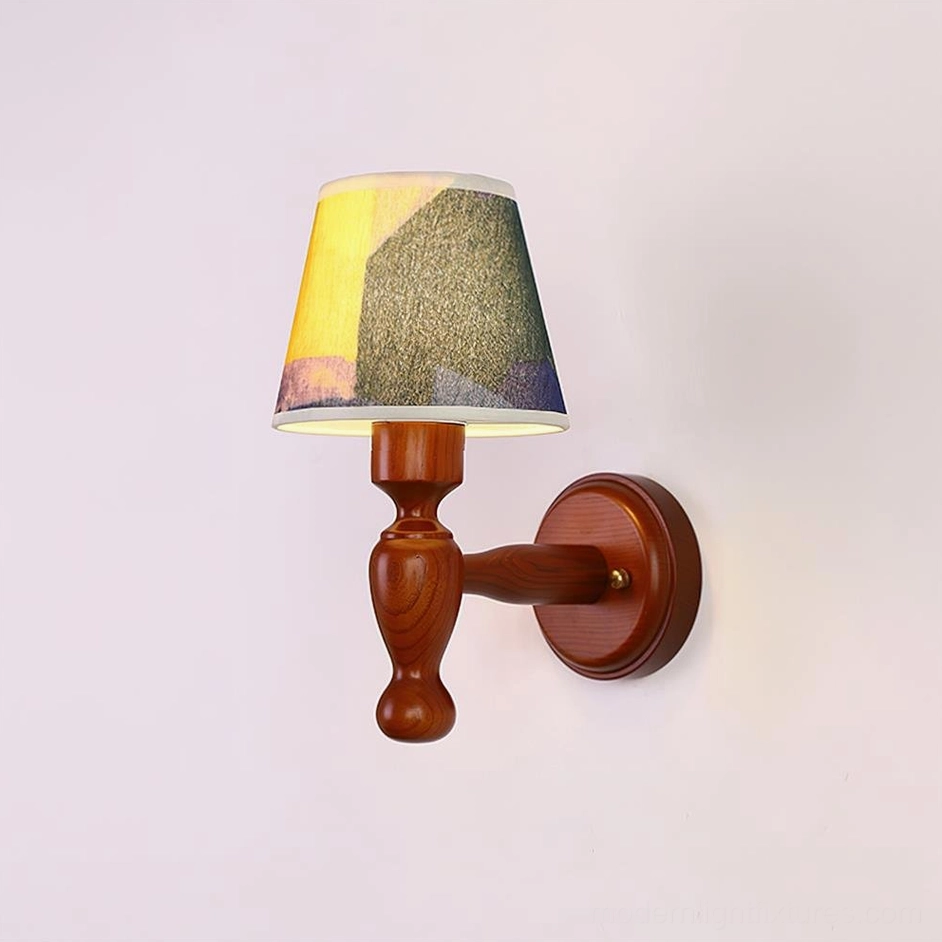 Contemporary fabric shade wall sconce, sculptural wood element design