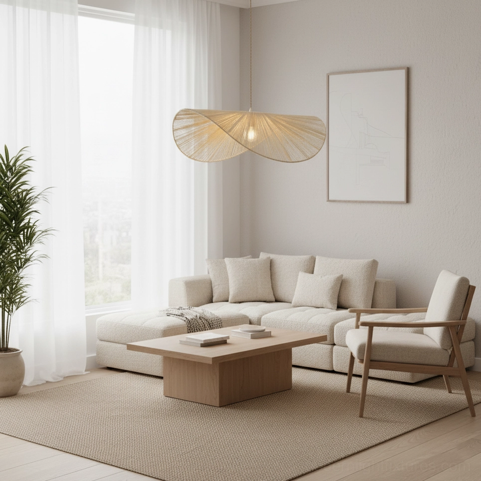 Woven rope straw hat style pendant lamp with visible weave pattern and sculptural form detail