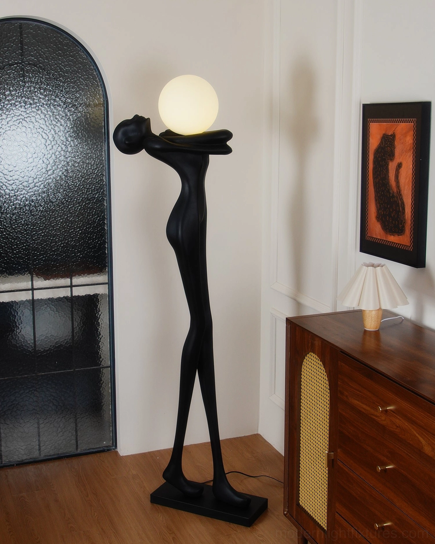 Modern art sculpture floor lamp detailed view, frosted glass globe light fixture, minimalist aesthetic