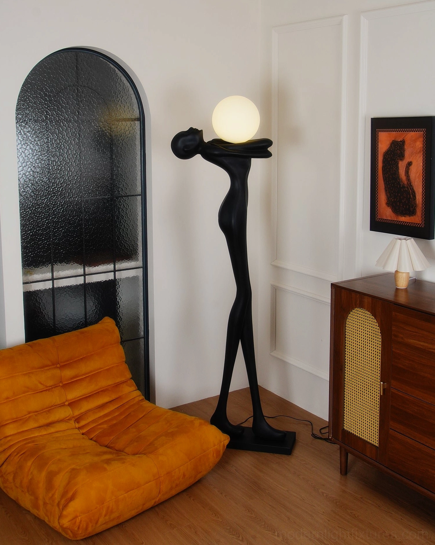 Sculpture floor lamp detail shot, frosted glass sphere light fixture, artistic resin body closeup