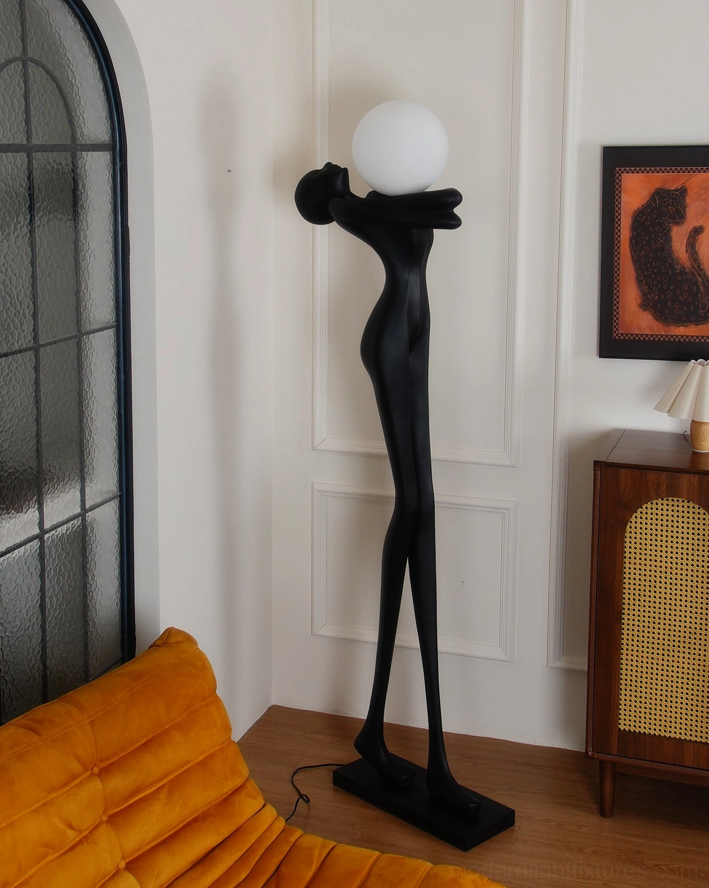 Sculpture floor lamp full body view, matte black resin artistic human silhouette, modern lighting