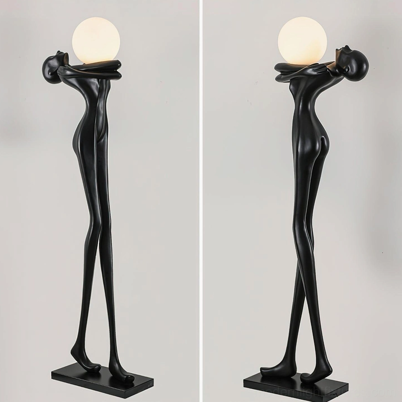 Modern art sculpture floor lamp close-up detail, human form resin body, minimalist contemporary style