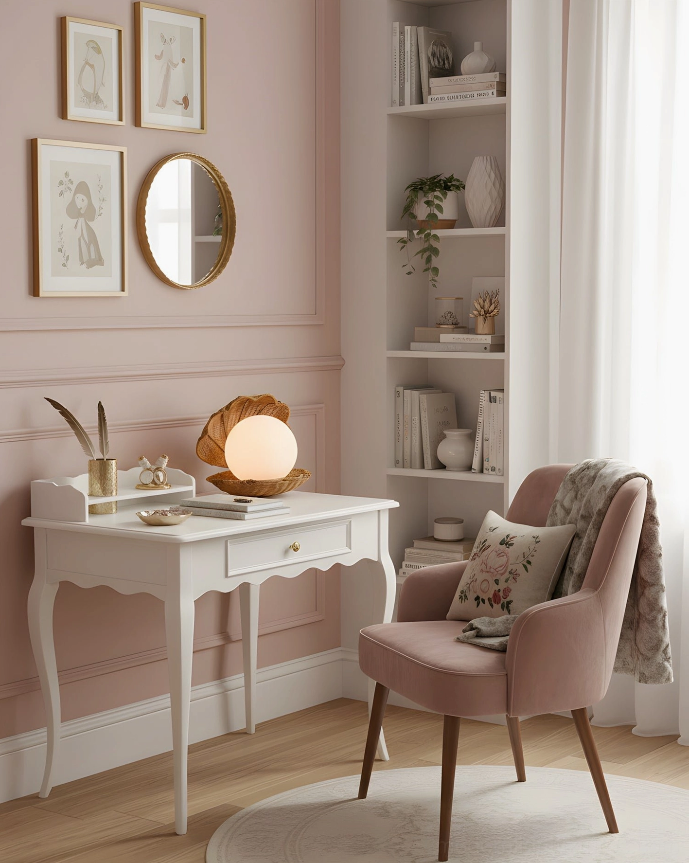 Coastal table lamp on vanity corner with neutral pink feminine home decor styling