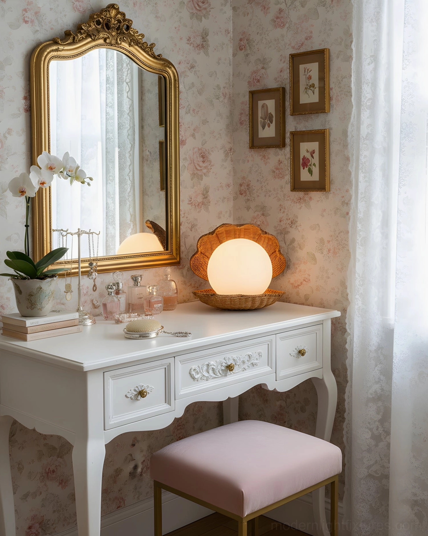 Decorative rattan seashell table lamp on floral wallpaper vanity romantic coastal style