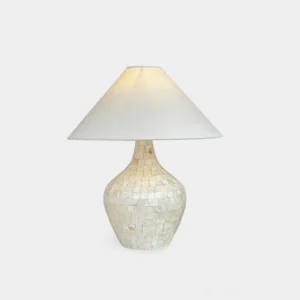 Seashell mosaic table lamp with white fabric shade and glass shell inlay base - front studio view